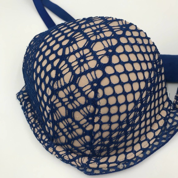 Victorias Secret Very Sexy Lightly Lined Plunge Bra Beige Blue Lace Sz 34D Wired - Picture 4 of 12